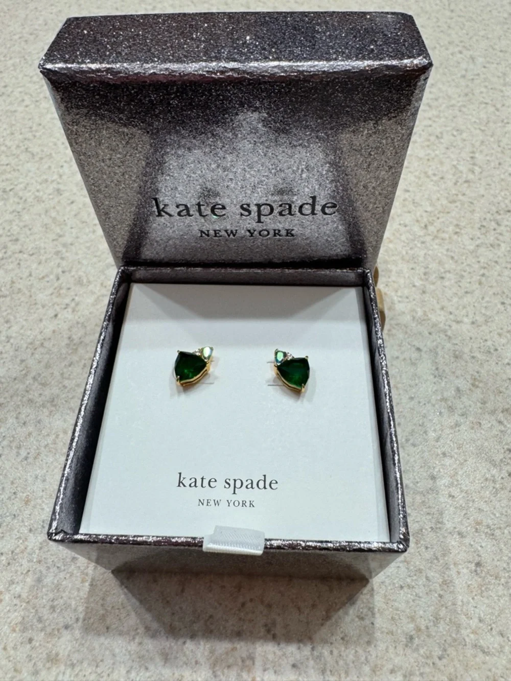 NWT Kate Spade Emerald Green Triangle Stud Earrings with Crystal & Prism Accent
